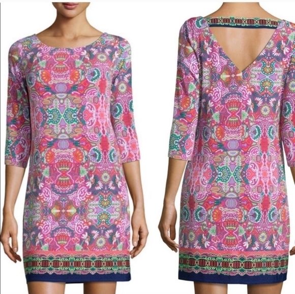 Laundry by Shelli Segal Calypso Shift Dress Colorful Bright 3/4 Sleeves Size L - Picture 2 of 14